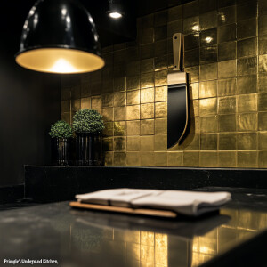 Design a photo of a upscale restaurant "Pringle's Underground Ki...