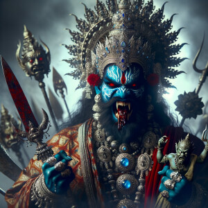 photograph of angry looking, gorgeous goddess kali, blue skinned carrying a weak mahishasur in her two arms and poking him with her amazingly long red fingernails. She is wearing a huge silver crown, red saree, abundant silver jewelry, covered in blood. The scene is set in ancient India. The image is 8K resolution, cinematic, ultra detailed face and epic.