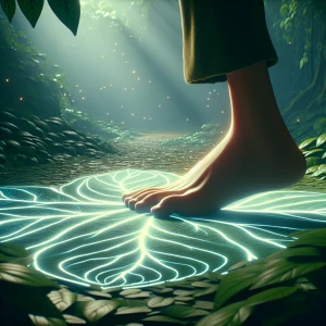 A foot is walking on a leaf-shaped touch floor and there is a ru...