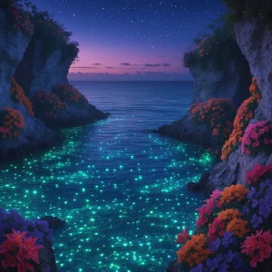 Create an image of a secluded ocean cove at twilight where the c...