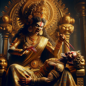 portrait of extremely angry looking goddess durga sitting on a gold crown and carrying a weak mahishasur on her lap and poking him with her amazingly long red fingernails. She is wearing gold armor, a huge gold crown, gold saree, abundant  gold jewelry, covered in blood. The scene is set in ancient India. The image is 8K resolution, cinematic, photography, ultra detailed face and epic.