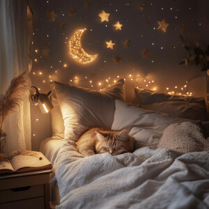 Create a warm and inviting bedroom scene featuring a luxurious b...