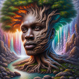 Create a hyper-realistic 3-D oil painting of a tree integrated w...
