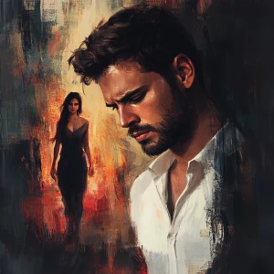 Generate an image depicting a forlorn man with an expression conveying deep sadness and disappointment. Behind him, illustrate a beautiful woman walking away, symbolizing the end of their romantic relationship.