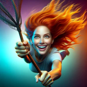 Ginger haired woman face camera flying through the air catching...