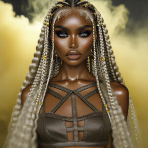 create a stunning hyper realistic Blasian female with long blond...