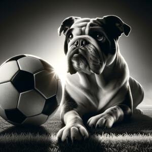 Create me a black and white bulldog with a white front paw playing soccer