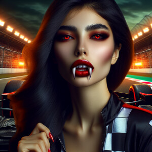 Beautiful Hispanic female vampire race car driver, fangs slightl...