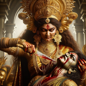 portrait of angry looking goddess durga  carrying a weak mahishasur in her two arms and stabbing him with her amazingly long red fingernails. She is wearing gold armor, a huge gold crown, gold saree, abundant  gold jewelry, covered in blood. The scene is set in ancient India. The image is 8K resolution, cinematic, ultra detailed face and epic.