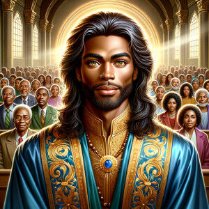 Illustrate an inspiring African-American Jesus crust with a dign...
