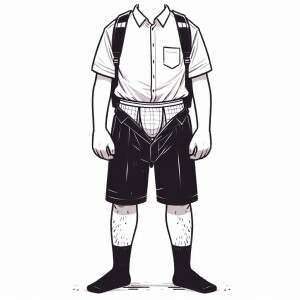 A full body of a person is wearing a white shirt, black pants, a...