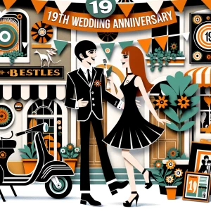 ‘Happy 19th Anniversary!’ Written
A 60s mod vibe with a tan male...
