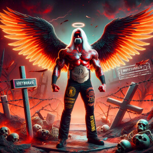 "A surreal digital artwork featuring a muscular man with red ski...