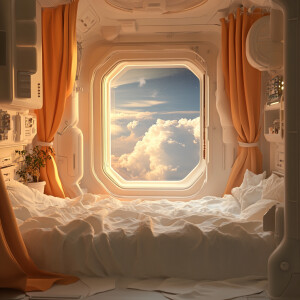 A cozy, futuristic space cabin with a large window framing a stu...
