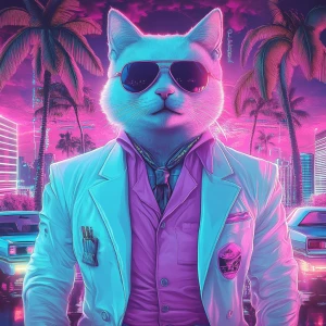 A pastel-colored Shiba cat in a Miami Vice outfit – white suit,...
