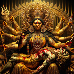 portrait of angry looking goddess durga sitting on a gold crown and carrying a weak mahishasur on her lap and she is stabbing his belly  with her amazingly long fingernails. She is wearing gold armor, a huge gold crown, gold saree, abundant  gold jewelry, covered in blood. The scene is set in ancient India. The image is 8K resolution, photography, cinematic, ultra detailed face and epic