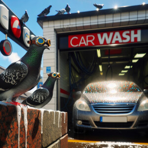 A whimsical scene of two pigeons with flight goggles on their he...
