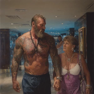 Hyperrealistic oil painting ,a australian muscular beefy bearded...