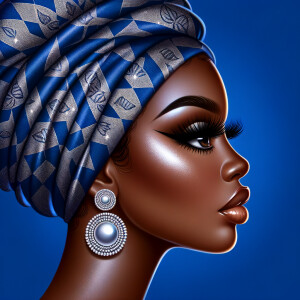 Create an airbrushed digital portrait of an animated
African-American woman in profile against a solid cobalt
blue backdrop. Her radiant skin, strikingly long eyelashes, a
pronounced nose, and voluminous natural glossy lips are
showcased. She wears a headwrap adorned with intricate
diamond patterns. Large, elegant pearl drop earrings
complete her appearance, showcasing the entire headshot
details with a focus on sophistication and grace. The digital
art should highlight her striking features against the vibrant
background, creating a visually stunning piece.