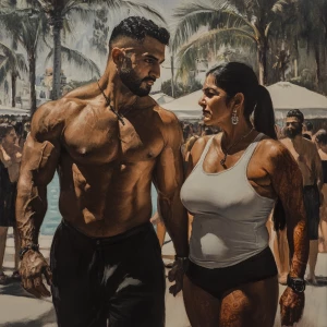 realism oil painting,a muscular beefy sweaty man  walking with h...