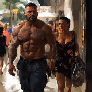 Realism.A man( muscular beefy criminal) walking with a woman(his...