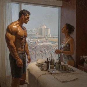 Create a hyperrealistic photo painting of a muscular, beefy Russ...