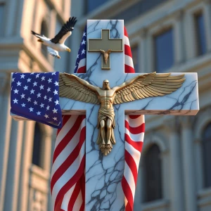 Marble cross with an American flag draped over it. A eagle flys...