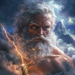 Create an image of Zeus, the Greek god of the sky and thunder, d...