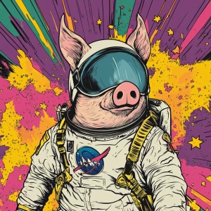 Cute cartoon pig in vintage white spacesuit and NASA style helme...