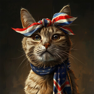 A cartoon of a mature cat gazing into the camera while sporting...