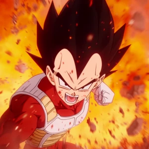 Vegeta showcasing his  signature moves in a dynamic battle scene...