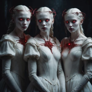 Three ghostly women, red eyes, red tears, pale skin, dark backgr...