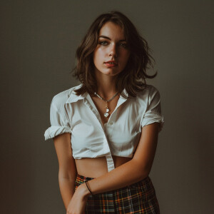 Photo of fair skinned slightly curvy woman with dark hair, plaid...