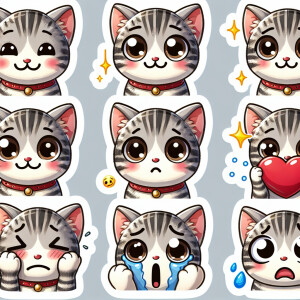 Create a sticker pack for me featuring a cute gray-and-white kit...
