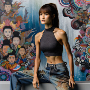 Very thin Athletic Thin skinny Attractive, Asian teenage girl, long brown hair and bangs, wearing tight skinny jeans and a halter top paint marks on her clothing, sitting side view heroic pose Asian graffiti