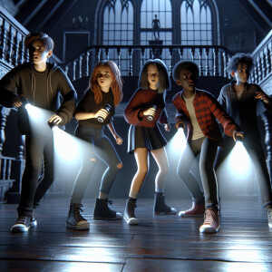 Four teenagers are fighting in a dark old mansion. Mx flashlight...