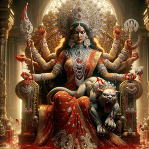 portrait of angry looking goddess durga, sitting on a gold crown and carrying a weak mahishasur on her lap. She is wearing diamond armor, a huge diamond crown, red saree, abundant diamond jewelry, covered in blood. The scene is set in ancient India. The image is 8K resolution, cinematic, ultra detailed face and epic.