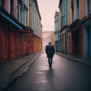 A solitary figure strolling along the deserted street