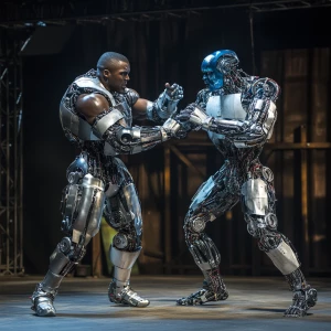 Visualize an intense battle between two humanoid robots, each po...