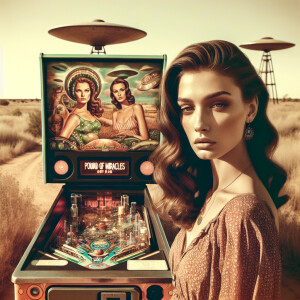 Faded color film photograph from the seventies of a pinball mach...