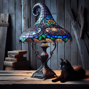 Prompt: Vibrant Tiffany glass lamp in the shape of a witch's hat...