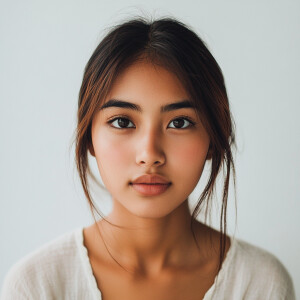 A portrait of a 22-year-old Filipina woman with a clean face and...