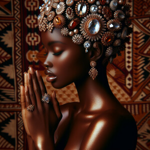 Create an image of an African-American queen deep in prayer. Her...