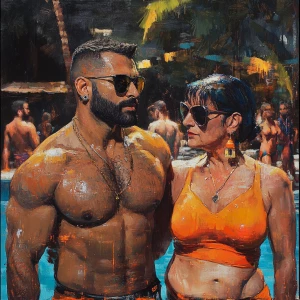 realism  style art,a muscular beefy sweaty man walking  with his...