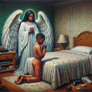 An oil painting of two African-American children with dark skin,...