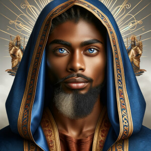 Create handsome African-American, Jesus, with Hazel Brown eyes wearing a blue and gold robe