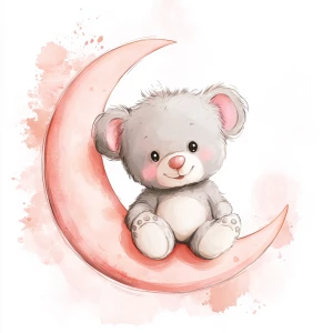 A cute, cartoon teddybear sits on a stylized, rosy-pink crescent moon. The teaddy bear is light gray with large, round, pink-spotted ears.  Its body is round and he has expressive eyes.  its facial expression is happy and friendly. The teddy bears legs and feet are visible, and its posture is relaxed, sitting. The moon is a soft, shaded pink, with watercolor-like texture and subtle shading. The background is white. The image is in a child-friendly style, showcasing delicate line work and color palettes. The composition is centered on the elephant, which is positioned on the moon. The overall style is sweet, whimsical, and reminiscent of children's book illustrations.  The colors are pastel and soothing, creating a gentle atmosphere.