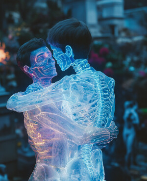 aidmaMJ6.1, 2 men, hugging at Cemeteries and Mausoleums, surroun...