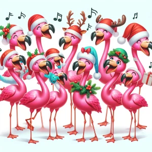 A chorus of animated flamingos singing Christmas carols, each de...