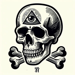 Skull with third eyeball and crossbones behind the skull in a gr...